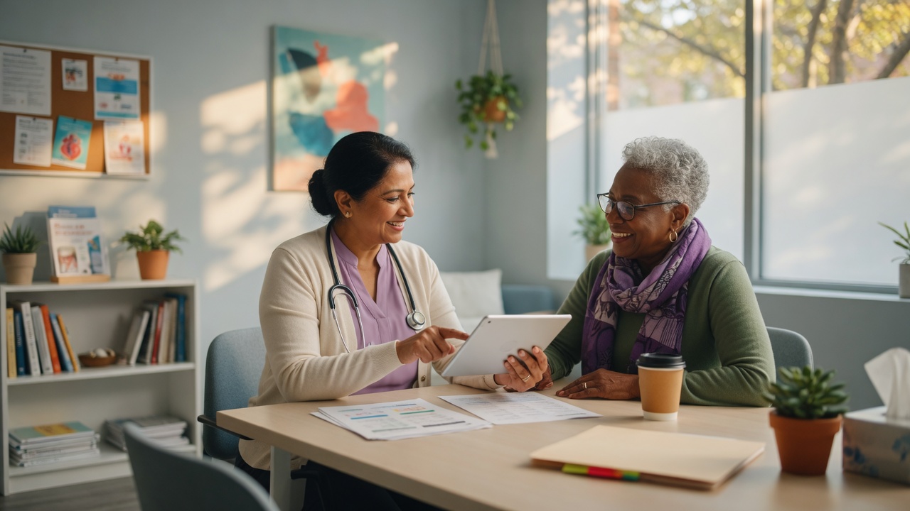 Clinician reviewing a treatment plan on a tablet with an older adult patient during a rheumatoid arthritis consultation