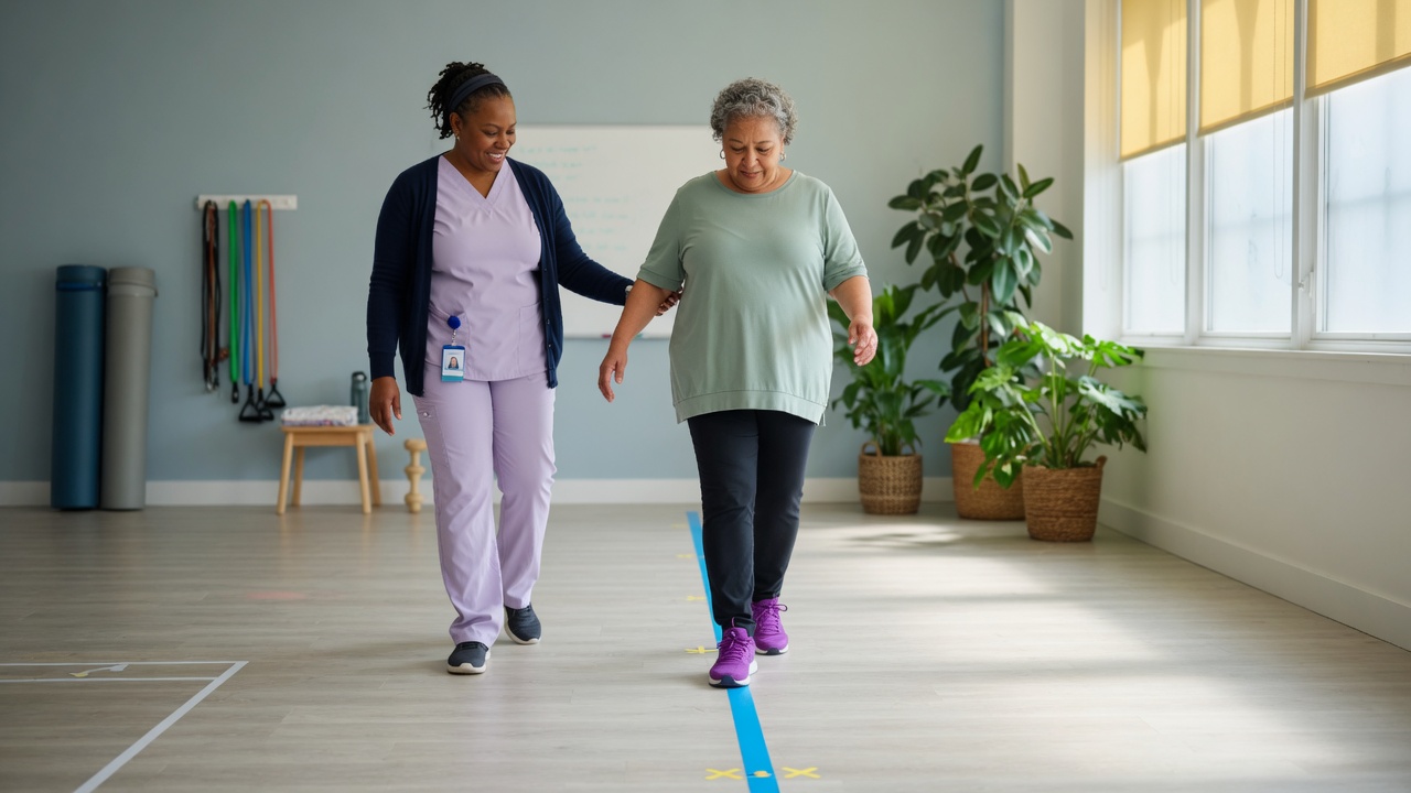 Clinician walking alongside an older adult patient during a heel-to-toe gait and balance assessment