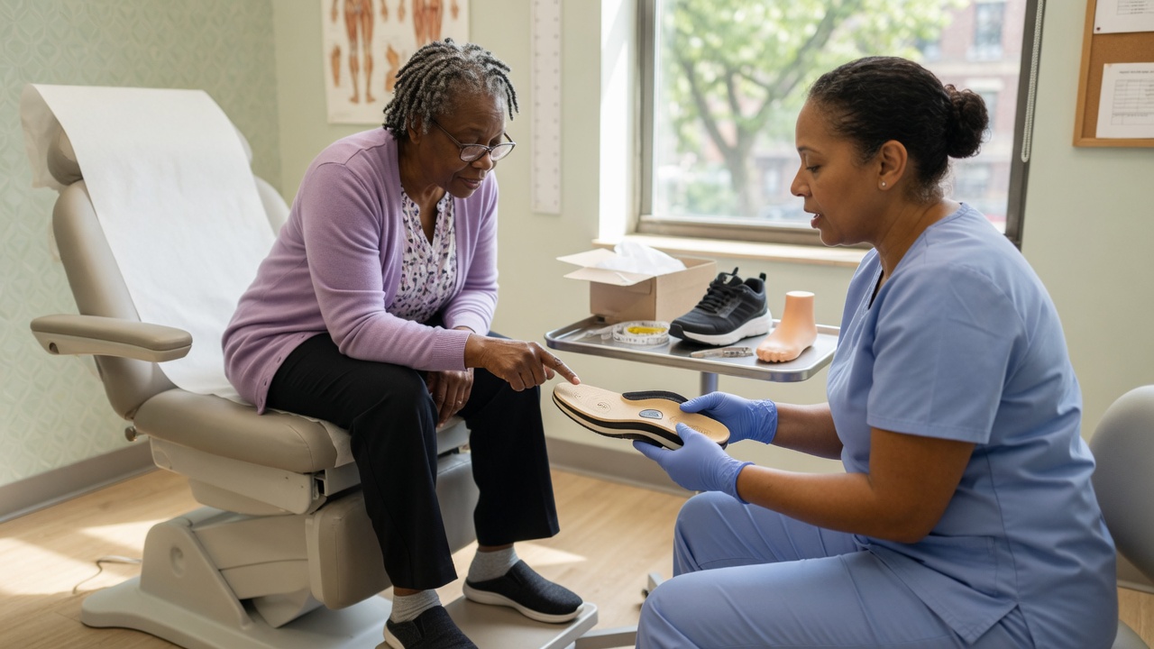 Podiatrist showing a seated patient a supportive shoe insole during a footwear consultation for foot pain