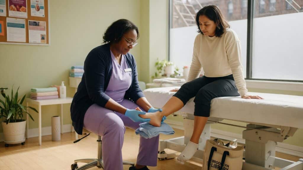 Podiatrist examining a patient for plantar fasciitis at IDCC Health in Brooklyn