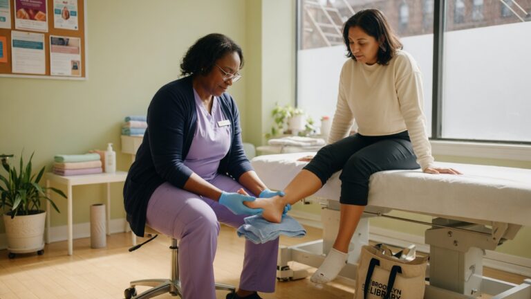 Podiatrist examining a patient for plantar fasciitis at IDCC Health in Brooklyn