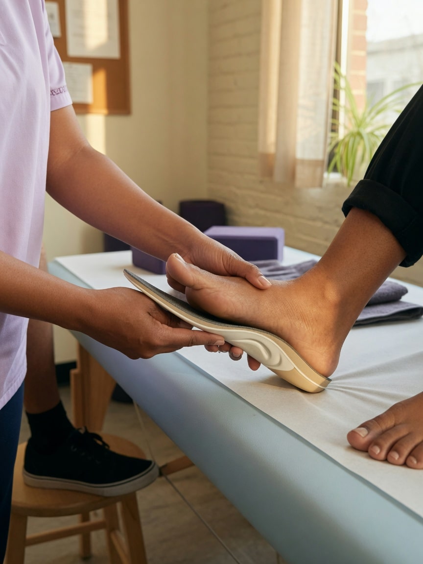 Clinician fitting an orthotic insole for plantar fasciitis relief at IDCC Health in Brooklyn